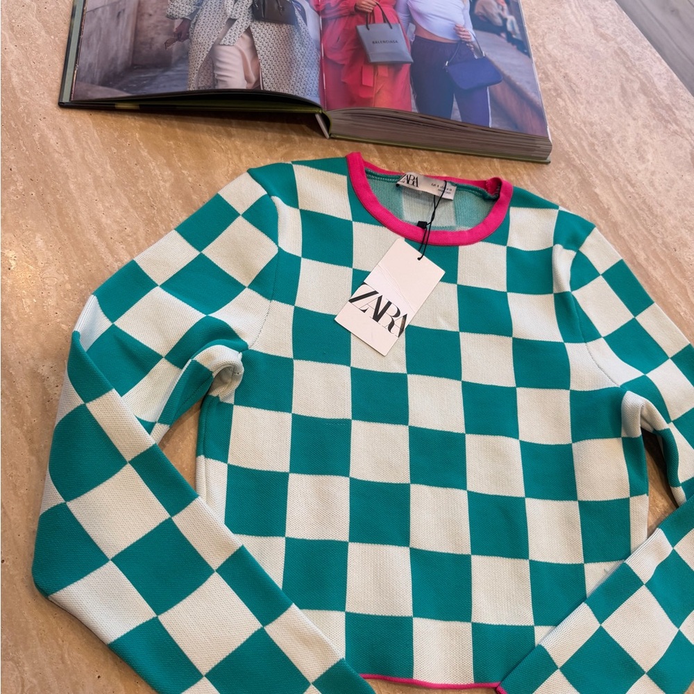 Zara Teal and White Checkered Knit Sweater with Pink Trim